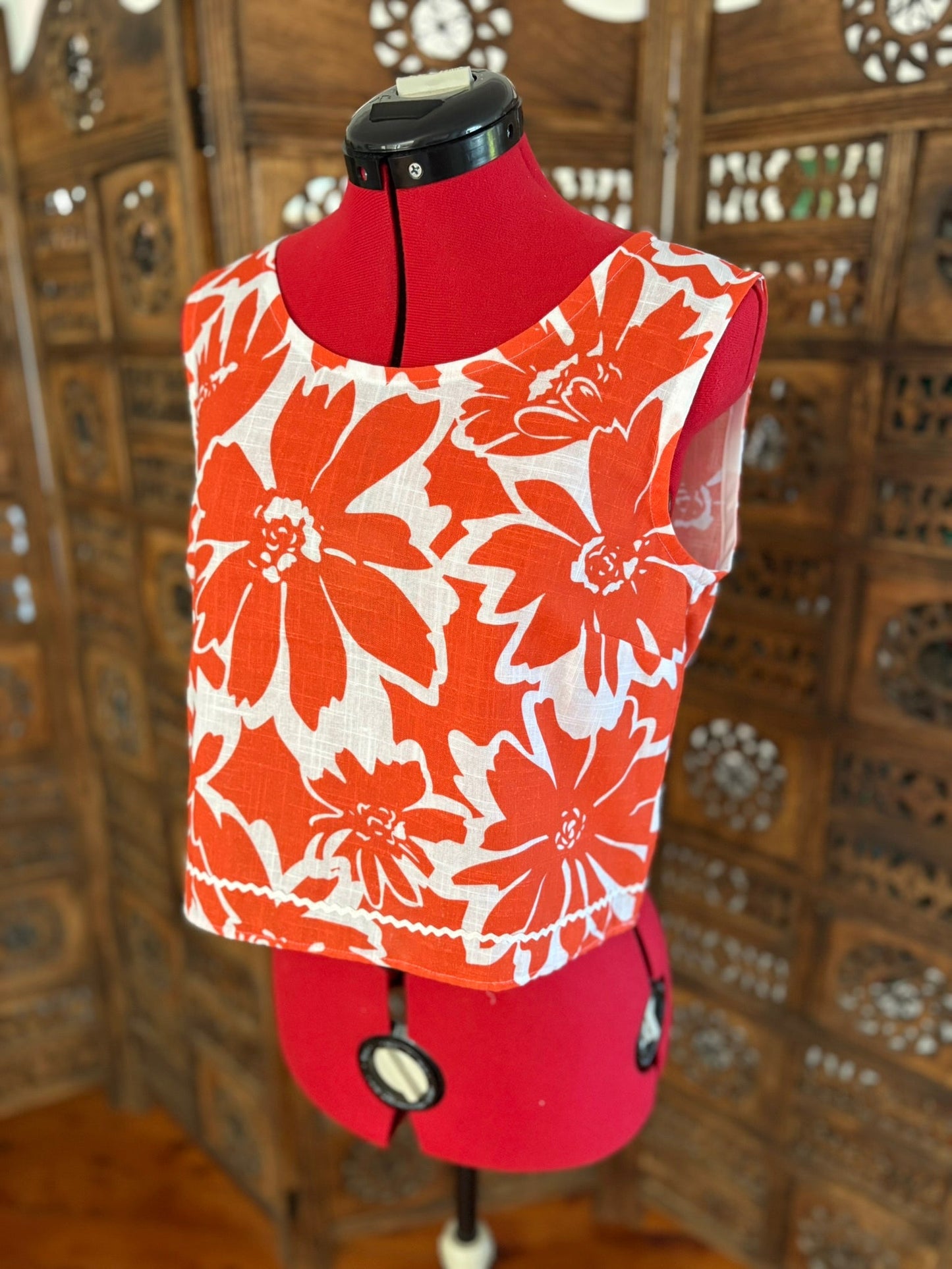 One of a Kind Ric Rac Tank Top - Orange Bold Floral - Size 8