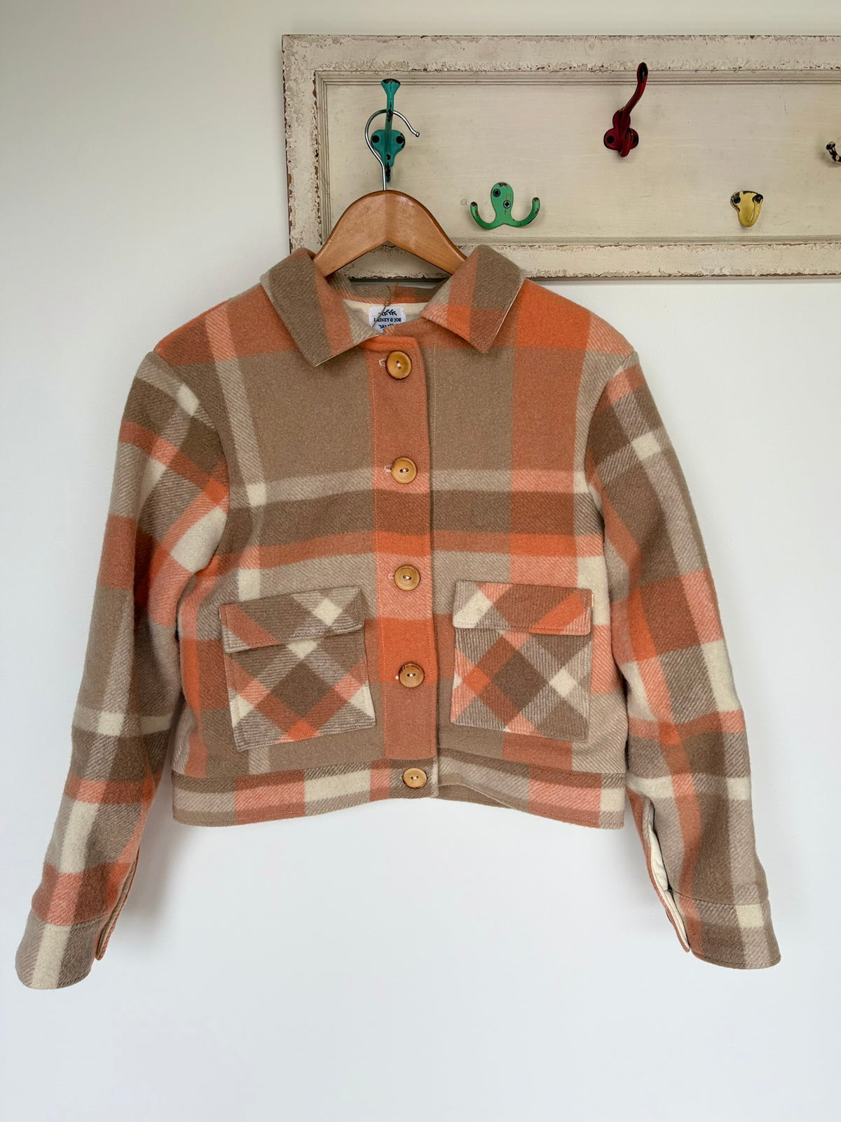 One of a Kind Stevie Jacket – Orange, Brown & Cream Wool – Size 8-10